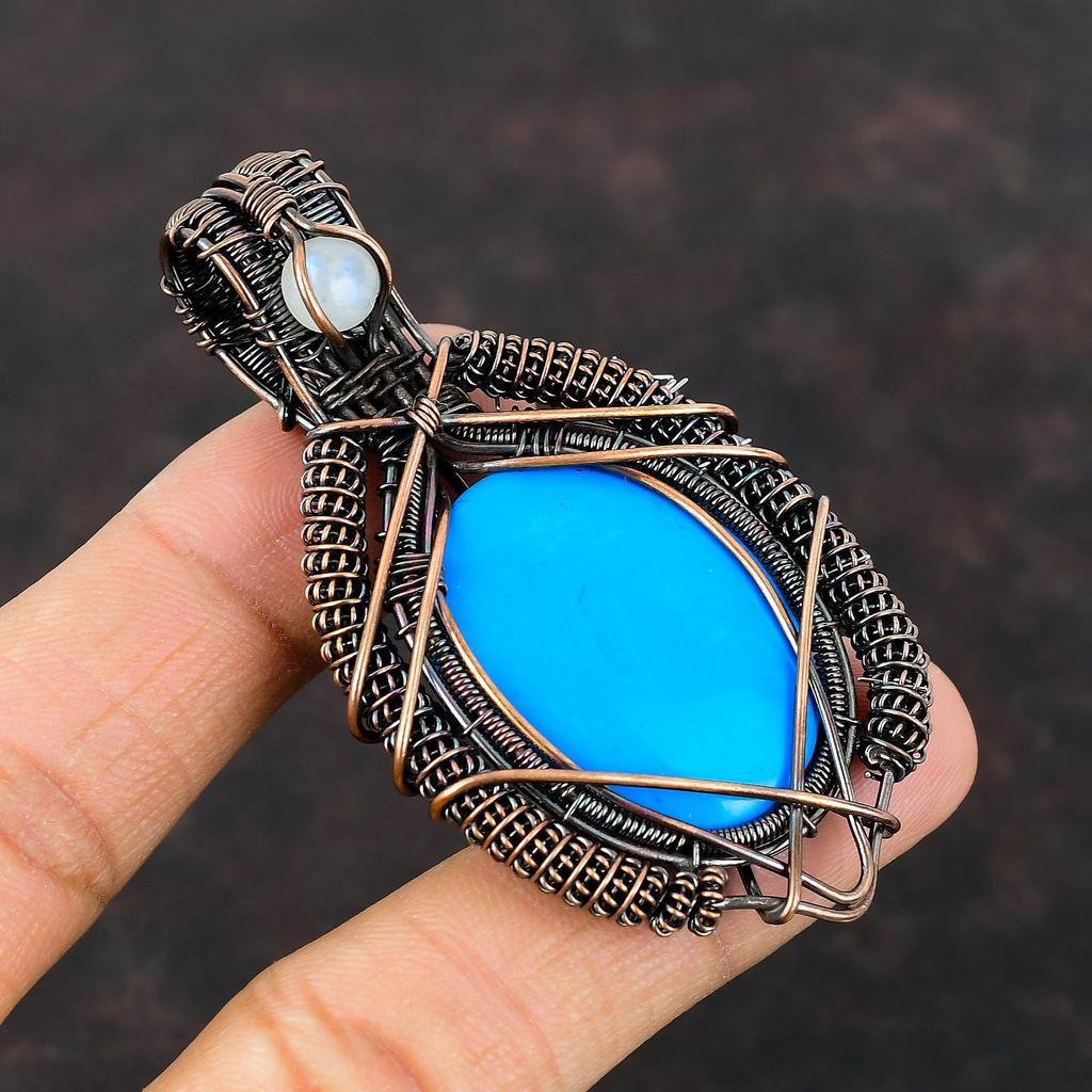 Pingente de turquesa da Bela Adormecida, fio de cobre enrolado, pingente de pedra da lua arco-íris, joia de cobre feita à mão, pingente de pedra preciosa para presente