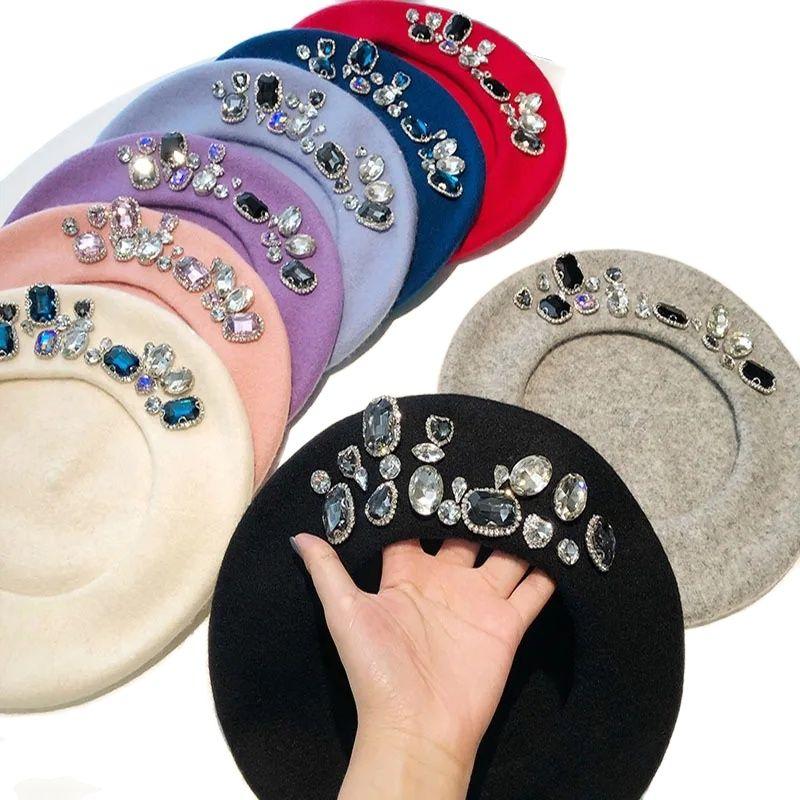 2026 Berets Women Hat Brimless Stretchy Comfortable Rhinestone Y2K Cap Autumn Female Flat Color Cotton