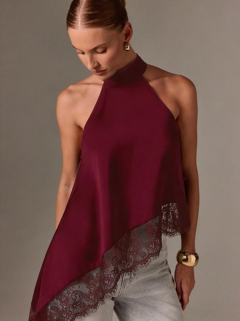 European & American Women's Summer Satin Halter Top with Lace Trim