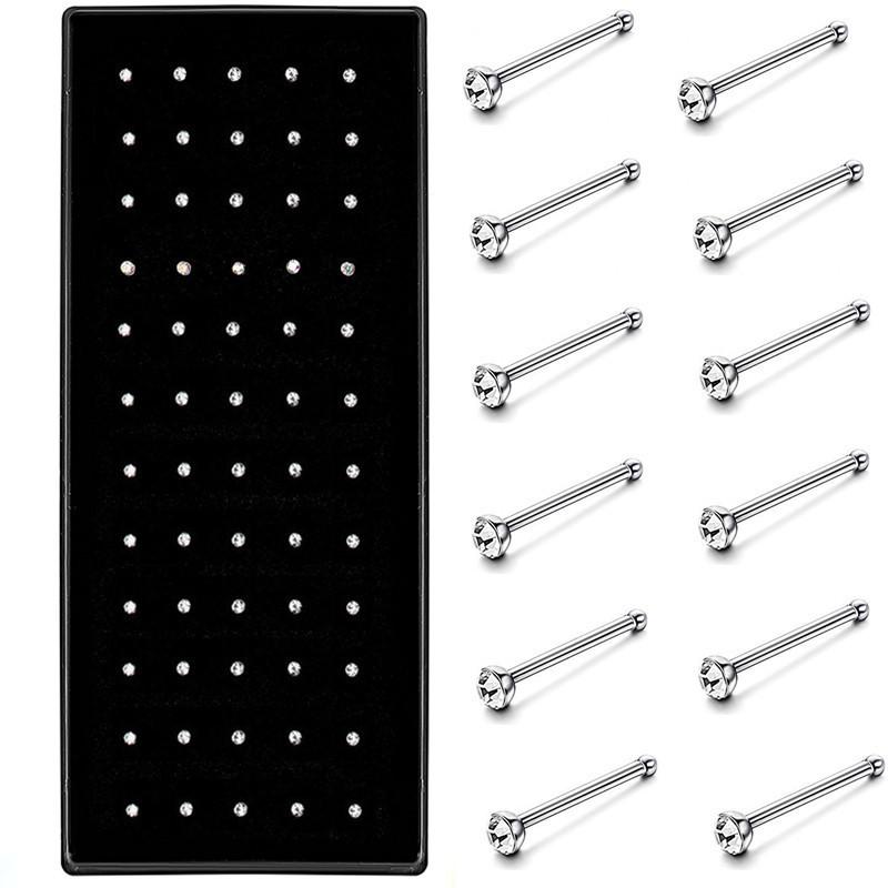 60-Piece Boxed Set: Diamond-Inlaid Stainless Steel Nose & Lip Studs - Assorted Sizes (1.5mm, 2.0mm, 2.5mm) & Colors