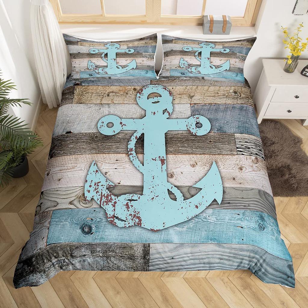 Nautical Anchor Striped Pattern Bedding Cover With Pillowcase Quilt Cover Three-Piece Duvet Cover Set
