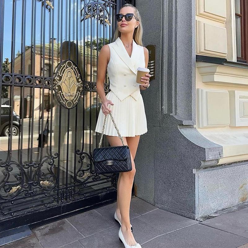 2024 Summer Women's Cross-Border Fashion: Irregular Lapel Top & Pleated Midi Skirt Set