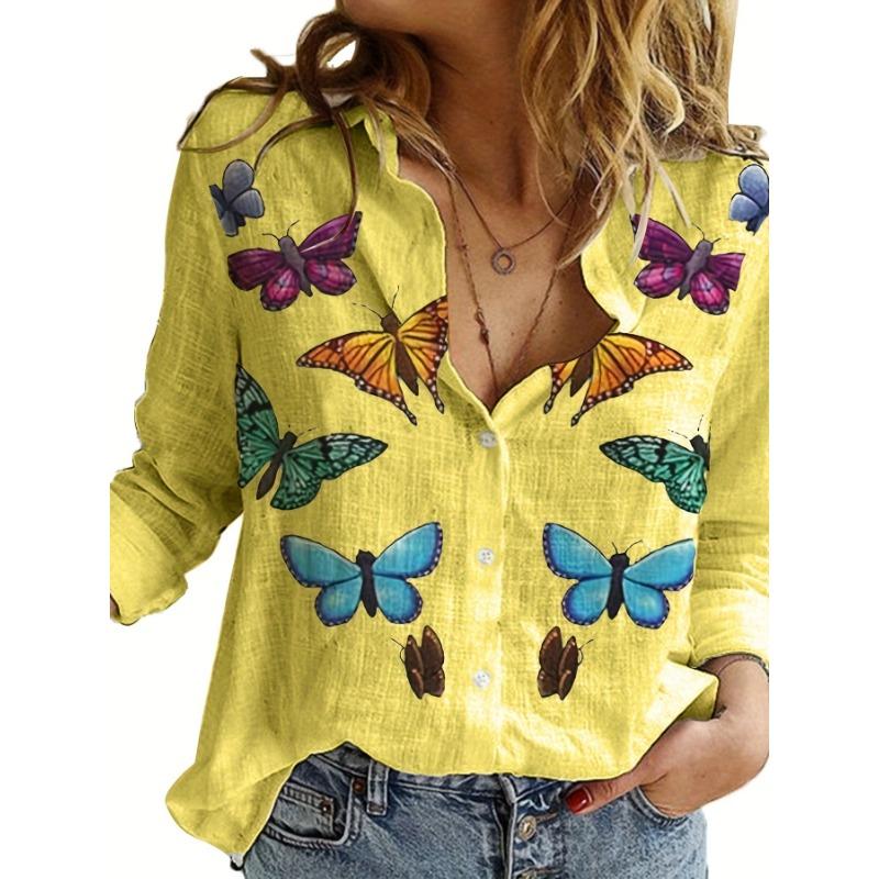 Fashion Retro Butterfly Group Print Long Sleeve Blouse Spring Spring Lapel Button Casual Blouse Ladies 5Xl Home Shirt