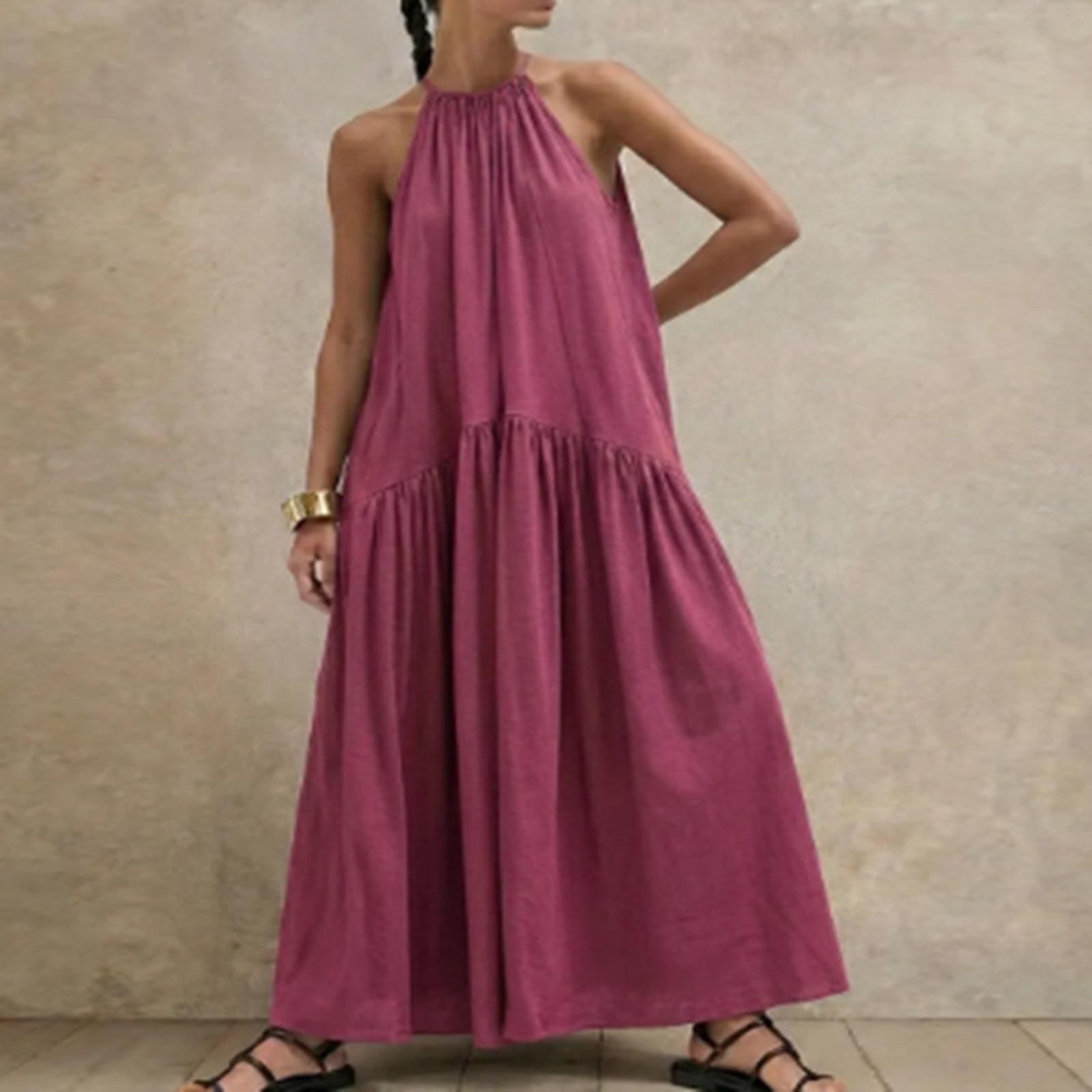 Women s Elegant Neck Sleeveless Dress Cotton Linen S