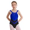 Girls Sparkly Rhinestones Leotard Gymnastics Costume Color Block Sheer Mesh Patchwork Sleeveless Bodysuit