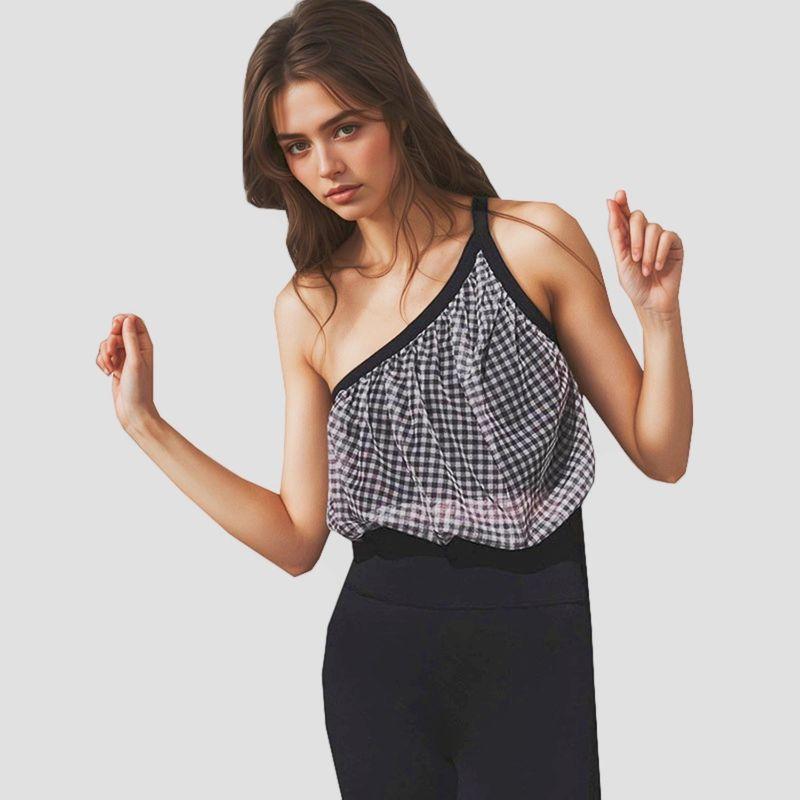 

One-Shoulder Yoga Vest Containing Chest Pad Sloping Shoulder Plaid Quick-Drying Fitness Top High Waist Sports Training Outer Wear Underwear Elastic Black [pants]] L (55.00 kg-60.00 kg