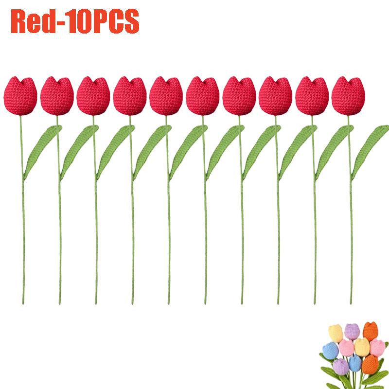 Handmade Crochet Tulip Flowers Bouquet Artificial Knit Simulation Craft Gift for Mom Women Bride Wedding Home Decor Party Supply
