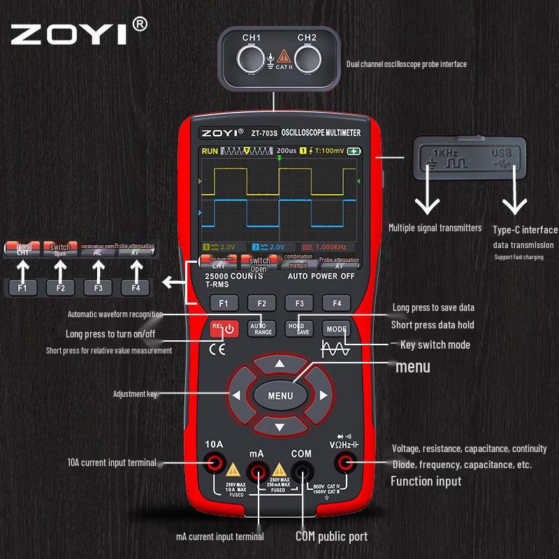 ZOYI ZT-703S 3-in-1 Dual-Channel Oscilloscope & High-Precision Multifunction Multimeter with Signal Generator.