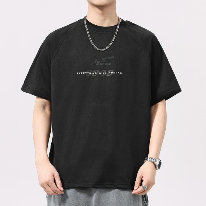 

Летняя тонкая американская спортивная футболка из ледяного шелка, прохладная, с принтом, с коротким рукавом, мужская футболка с круглым вырезом, короткий рукав 4XL чёрный