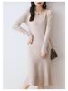 V-Neck Wool-Cashmere Sweater Dress for Women - Slim Fit, Mid-Length, Over-the-Knee, Autumn/Winter Style