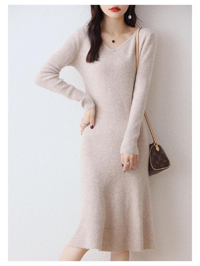 V-Neck Wool-Cashmere Sweater Dress for Women - Slim Fit, Mid-Length, Over-the-Knee, Autumn/Winter Style