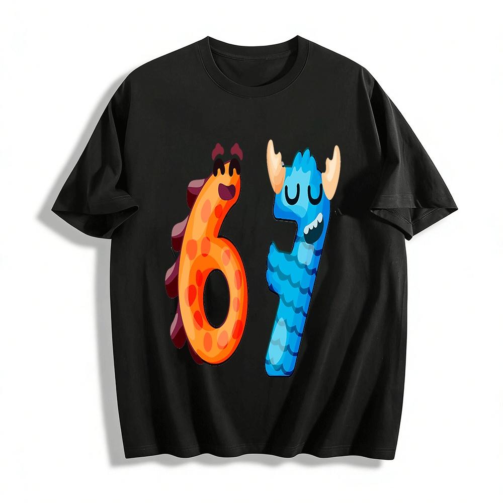 Kids Cute Monster Number 67 Print Tee Casual Cartoon Top For Boys Girls Pure cotton T-shirt XXS