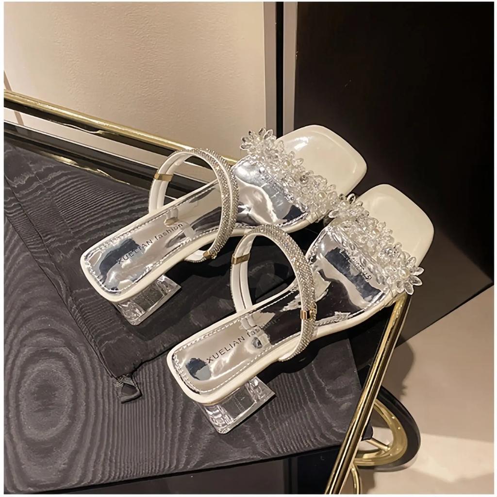 Fashion Women's Sandals Thick Heel Rhinestones Ladies Shoes Summer Sale Low Price Chic and Elegant Sandal 2025 Comfortable On Footwear