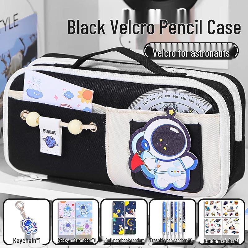 Send Astronaut Velcro! Boys' Black Dirt-Resistant Pencil Case, Hand-Carry, Large Capacity, New 2025 Style.