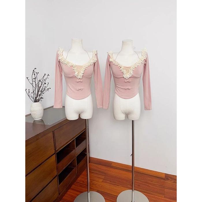 

Women s One-Shoulder Lace Bow Patchwork Halter T-Shirt: Waist-Cinched, Long-Sleeve, Cropped, Spring Style. L