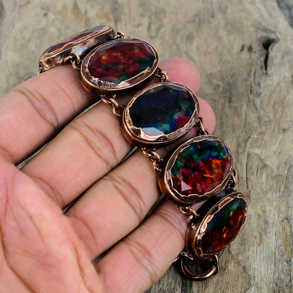 Faceted Ammolite Bracelet Electroformed Copper Bracelet Adjustable Chain Bracelet Handmade Gemstone Jewelry Brand New Bracelet Gifts For Her