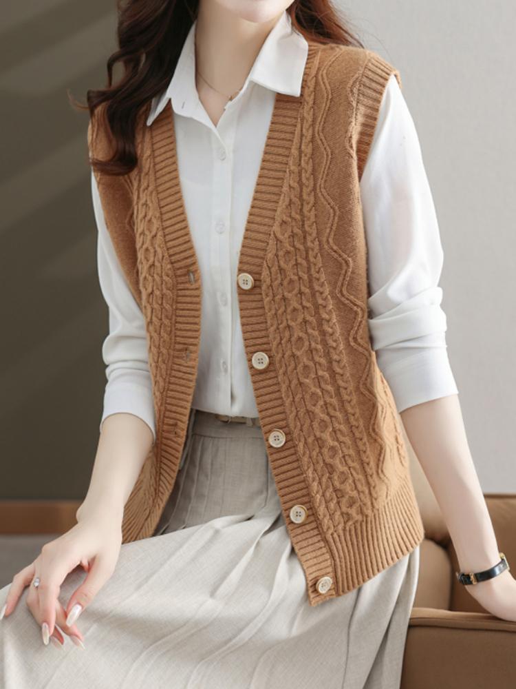 Dámská elegantní polyesterová pletená vesta | Svetrová vesta s copánkovým vzorem a výstřihem do V | Jednobarevné pletené oblečení bez rukávů | Módní top pro vrstvení na podzim/zimu