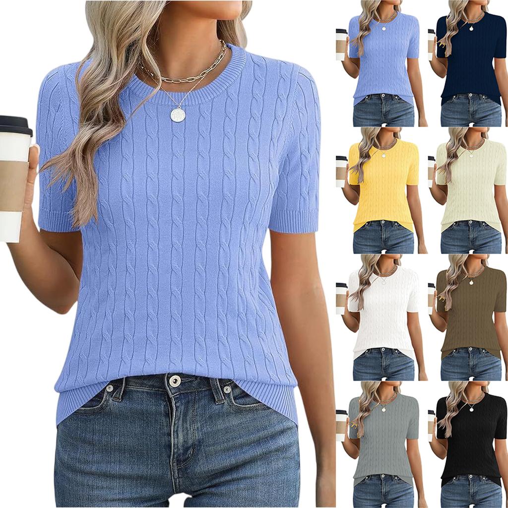Women Short Sleeve Cable Knit Pullover Crew Neck Ribbed Hem Fitted Soft Stretchy Lightweight Sweater Top