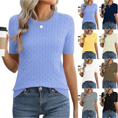 Short Sleeve Crew Neck Cable Knit Pullover Top for Women Casual Ribbed Slim Fit Lightweight Knitwear
