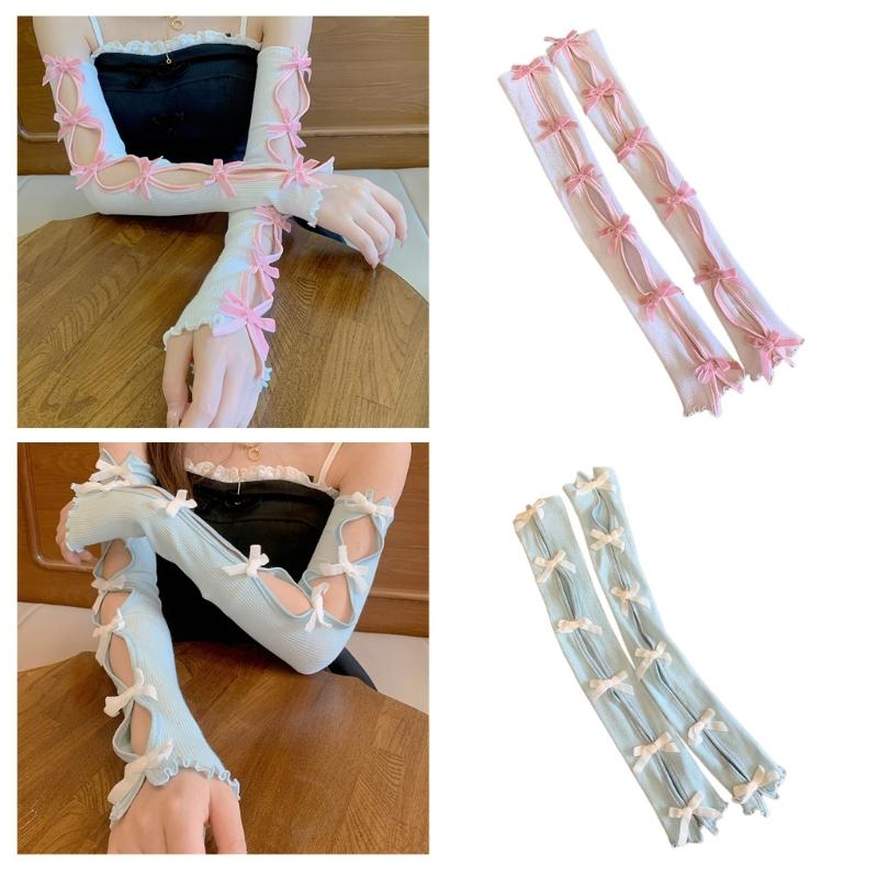 Flocking Bowknot Arm Sleeves for Women Teens Girl Elegant Hollowed Out Decorative Sleeves JK Arm Decors Party Oversleeve