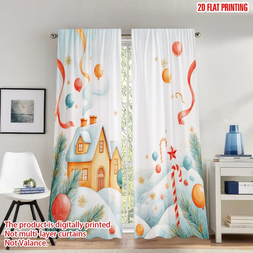 

Flat Printing Christmas Party Curtains Cozy Snow Village Scene Digital Printed Polyester Drapes Festive Set Of 2 Made W100*H70(CM)-Grommet top&1PCS