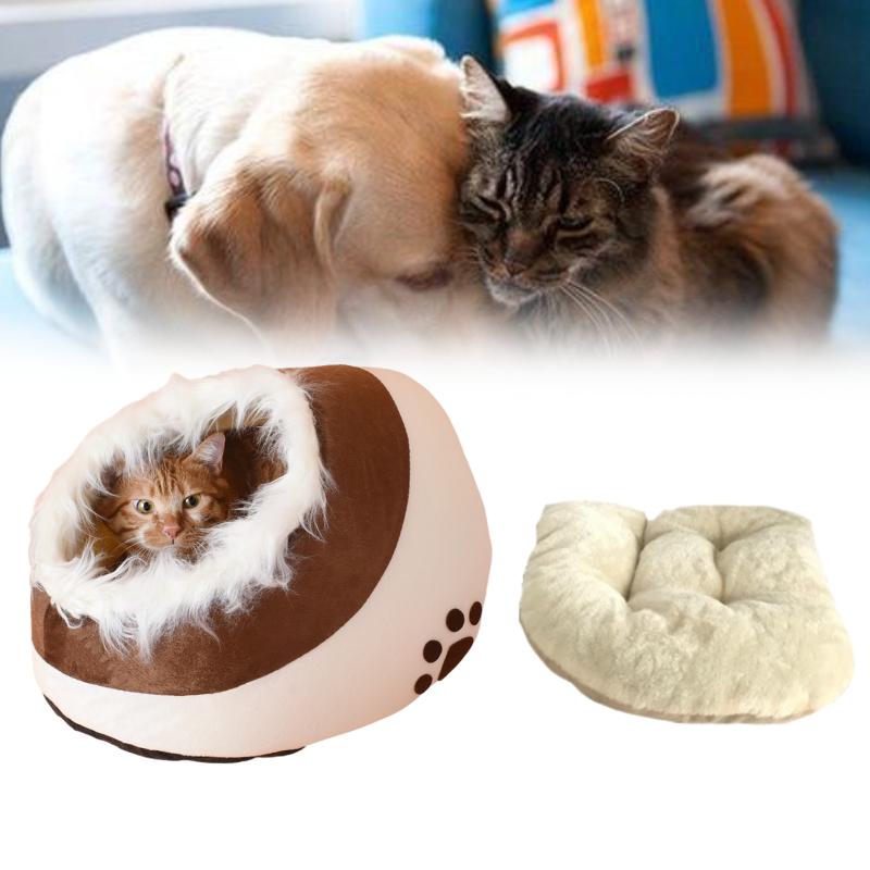 Bed Cat Cave Warm Pet Nest Dog House Semiclosed Sleep Brown Washable Soft