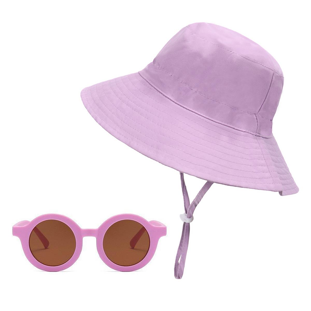 

2 PCS A SET Large brim sun hat for boys and girls Outdoor Summer Travel Beach Party cap with glasses XS 46 фіолетовий