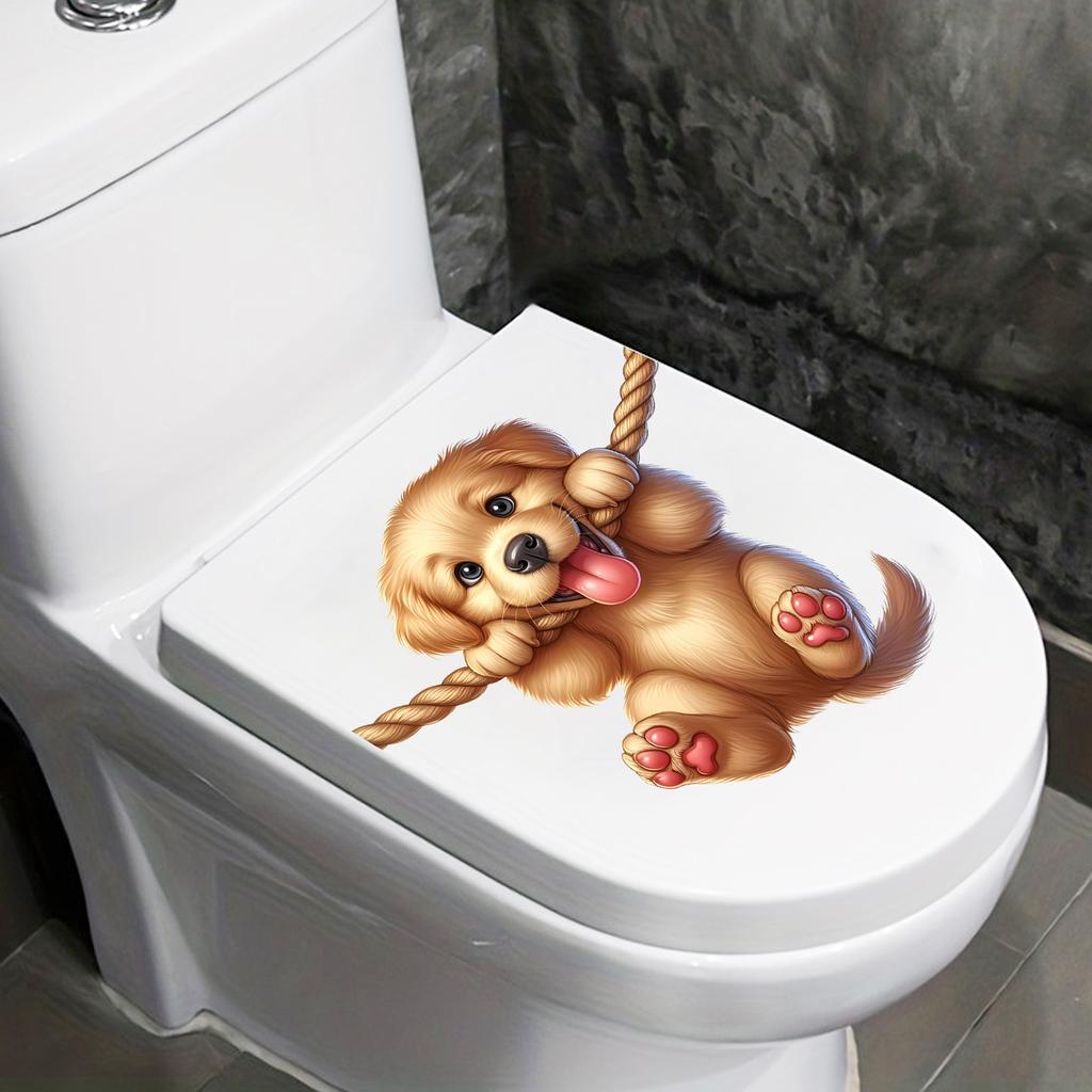 Playful Cartoon Puppy with Rope Toilet & Wall Sticker Self-Adhesive Removable for Bedroom Living Room Study Home Decor