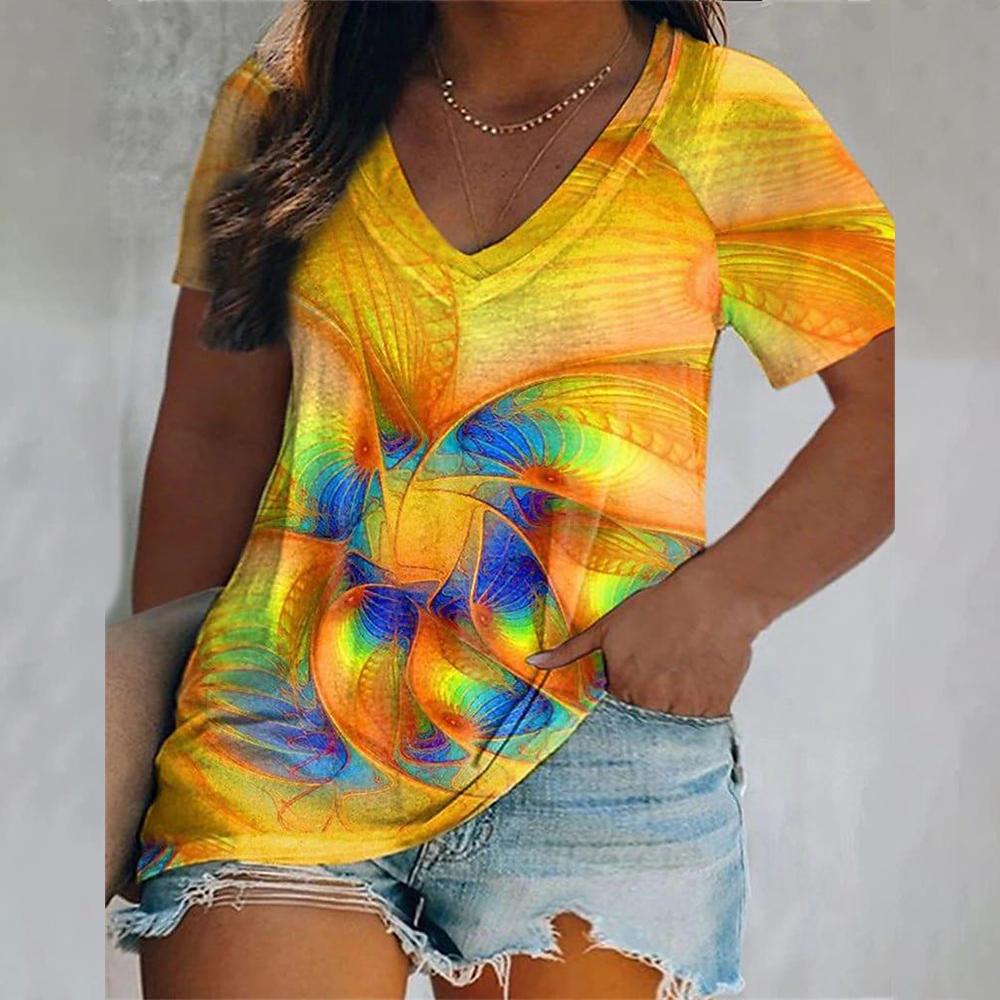 Fashion V-Neck Short Sleeve Colorful Tassels Print T-Shirts Summer Casual Elegant Women's Large Size T-Shirts