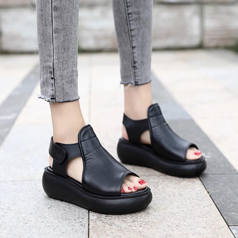 Fashion GKTINOO 2025 Summer Shoes Thick Bottom Flat Platform Sandals For Women Genuine Cow Leather Fashion Wedges Peep Toe Women Sandals