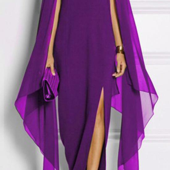 Dámské jednobarevné šifonové maxi šaty s výstřihem do O Nepravidelný šátek s dělenou vrstvou Šaty Šaty Slim Fit Šifónové společenské šaty