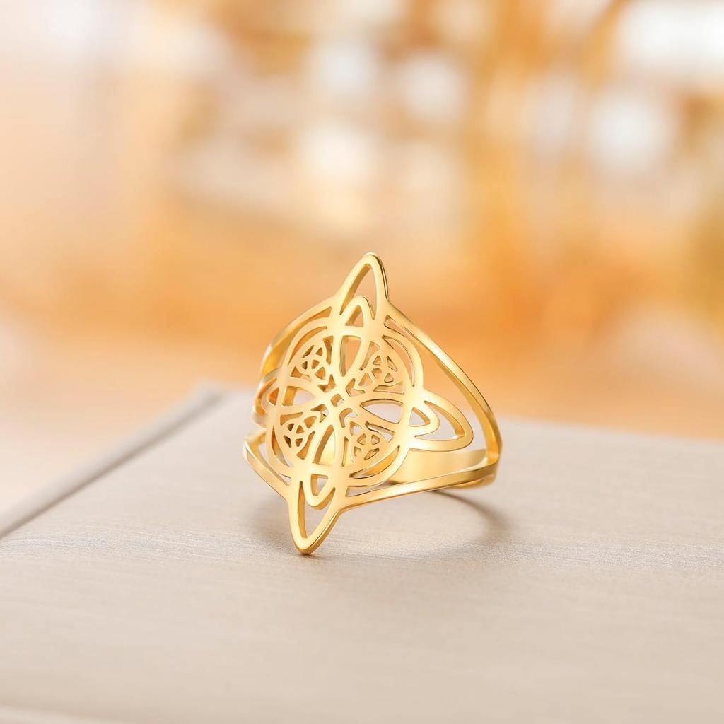Hexerei Hexenknoten Ring für Damen Edelstahl Fingerringe Wicca Triquetra Keltischer Knoten Amulett Schutzschmuck