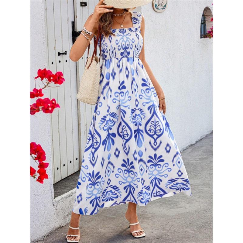 Summer New Style Women's Ladies Dress Printed Front Cross Sleeveless Loose Casual Beach Dress