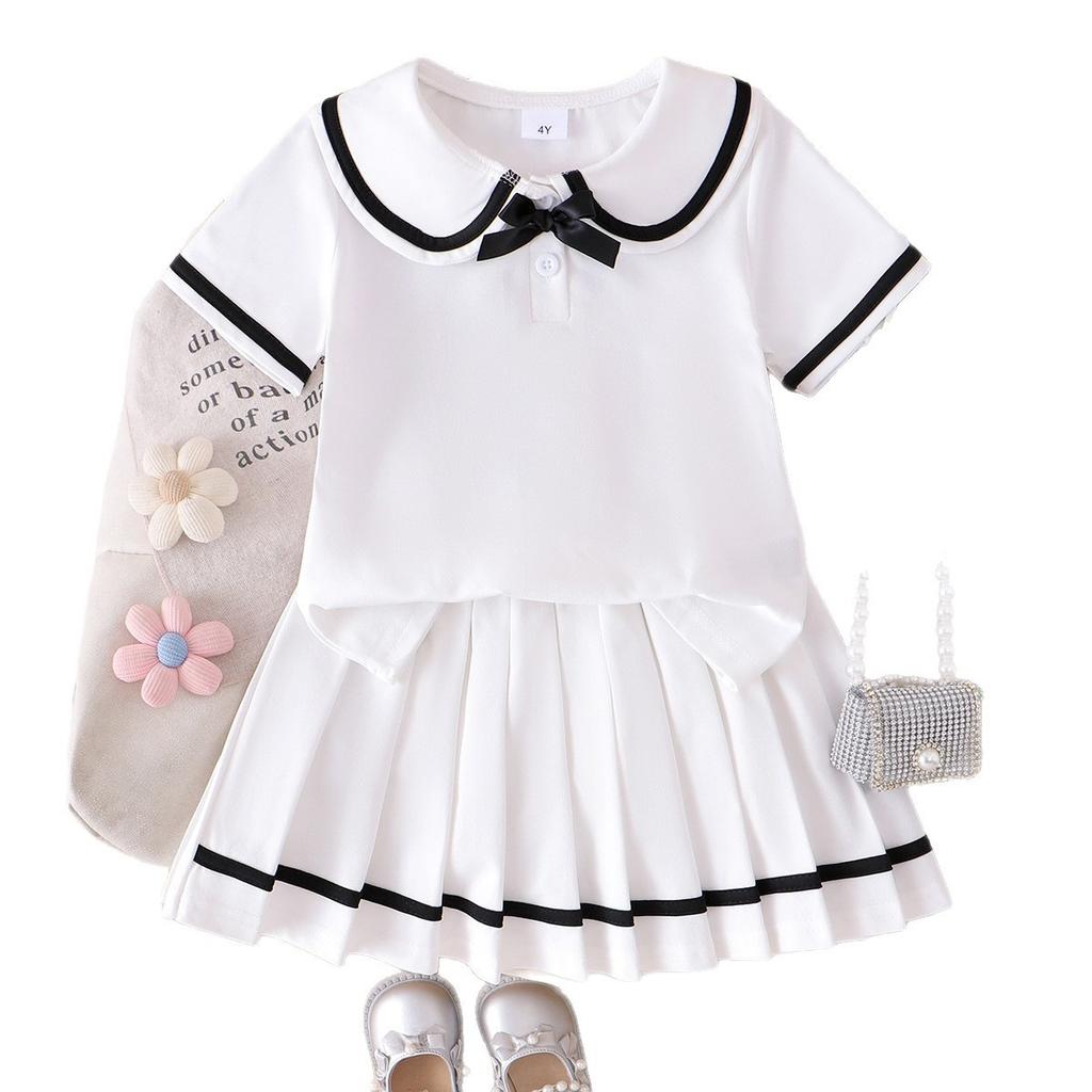 Girls' Fashionable White Outfit - Summer Children's Princess Short-sleeved T-shirt + Short Skirt Set