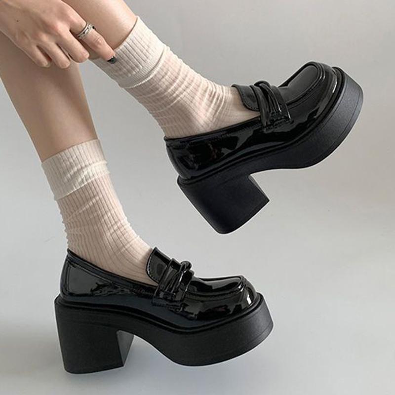 Lucyever Preppy Style Dicke Absätze Pumps für Damen 2024 Lackleder Klobige Plateau Slipper Frau Y2K Slip On Jk Lolita Schuhe