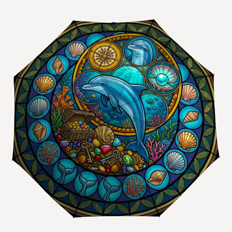 Ocean Treasure Glass Pattern Umbrella, Portable and Foldable Design, 8 Ribs, a Casual Accessory for Halloween, Christmas, and Birthday Gifts.