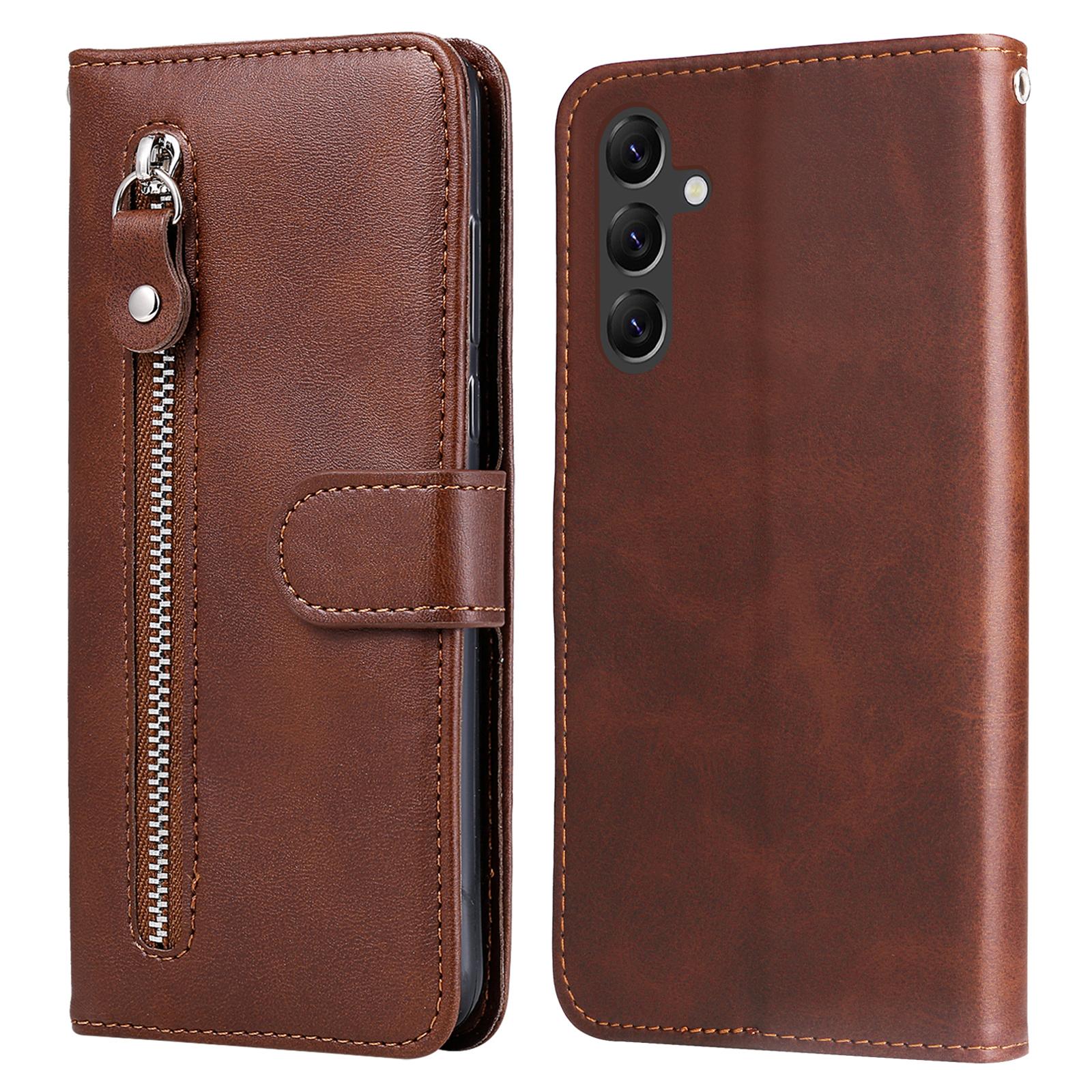 

For Samsung Galaxy A15 4G Case Zipper Pocket Wallet PU Leather Phone Cover Brown