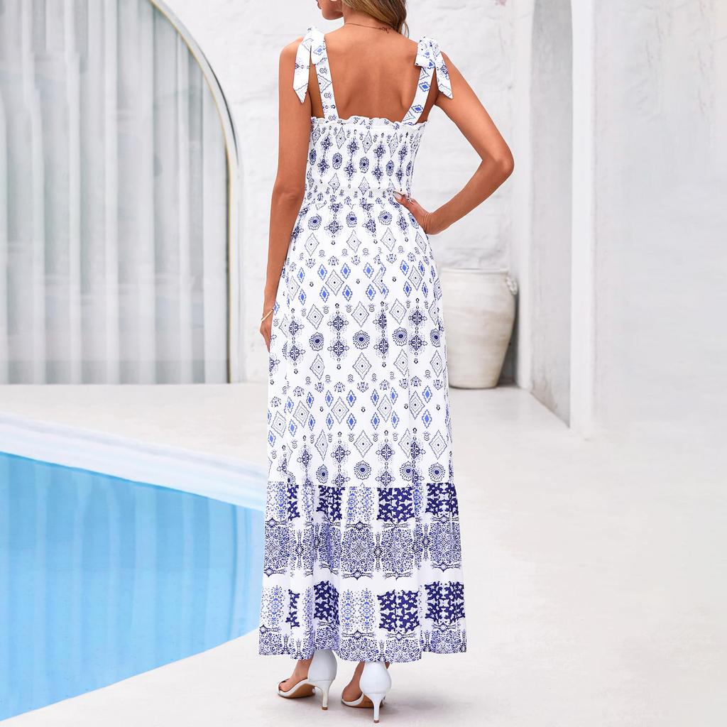 Women's Sleeveless Printed Strap Dress Smocked Waist Maxi Dress Lightweight Bohemian Style Summer Dress with Adjustable Shoulder Ties