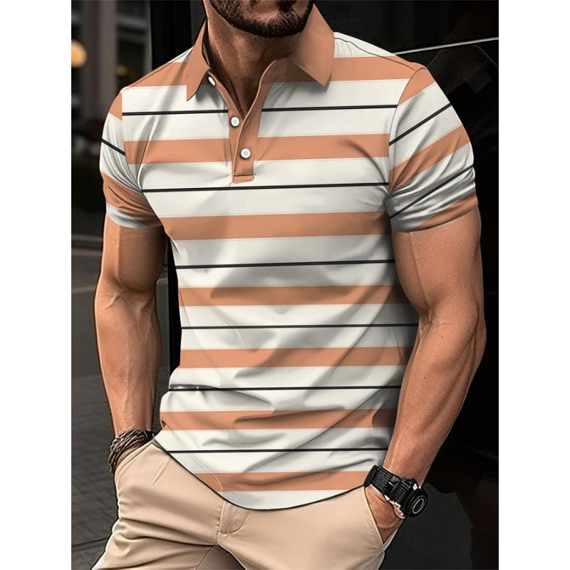 Summer Men's Short Clothes Sleeved Lapel 3D Digital Printed Striped Polo Shirt Man's Business Casual Top Clothes Oversized