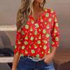 Women's Fashion Casual Christmas Print V-Neck 3/4 Sleeve Button T-Shirt Top