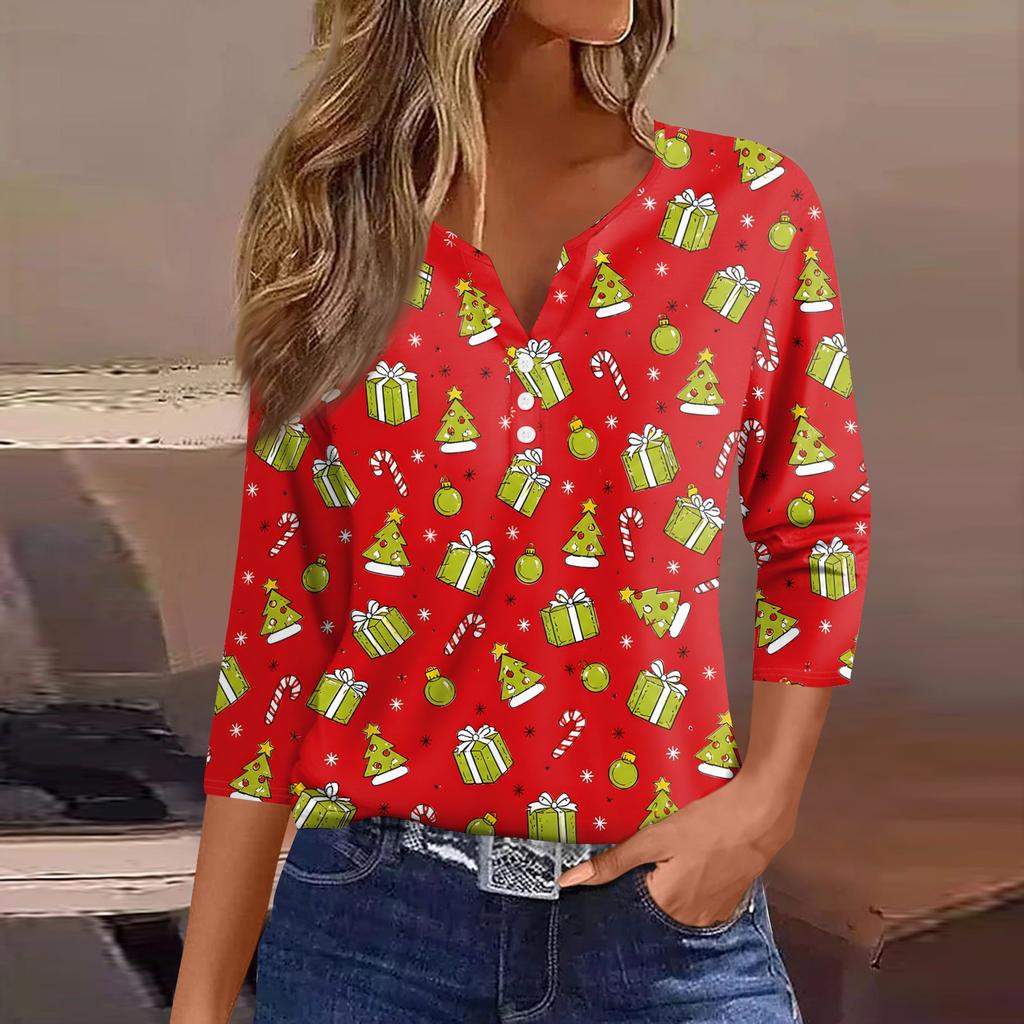 Women's Fashion Casual Christmas Print V-Neck 3/4 Sleeve Button T-Shirt Top