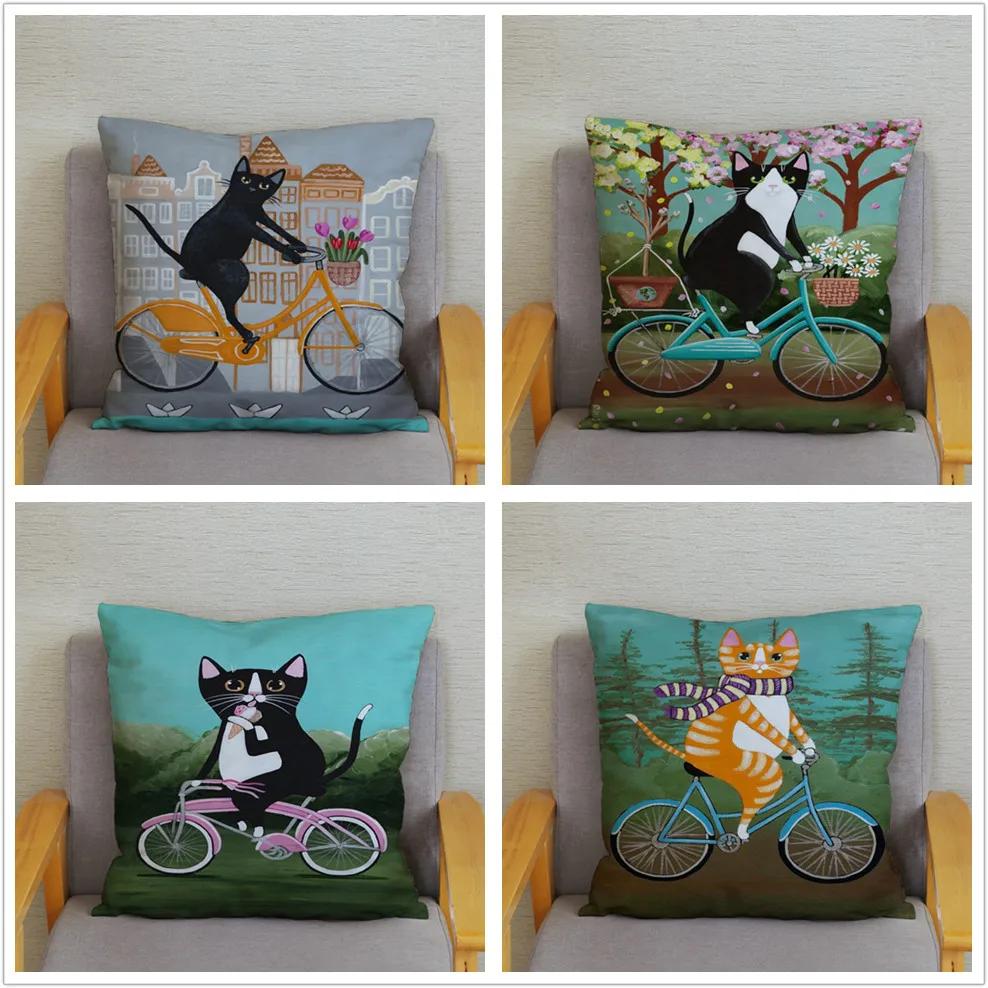 Cartoon Cycling Cat Print Cushion Cover Super Soft Pillowcase 45x45  Home Decor