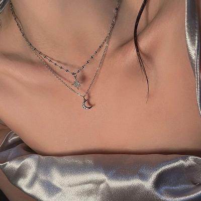 Star and Moon Double Necklace Women's 2025 New Temperament Premium Muse Fan Simple Versatile Clavicle Chain Necklace
