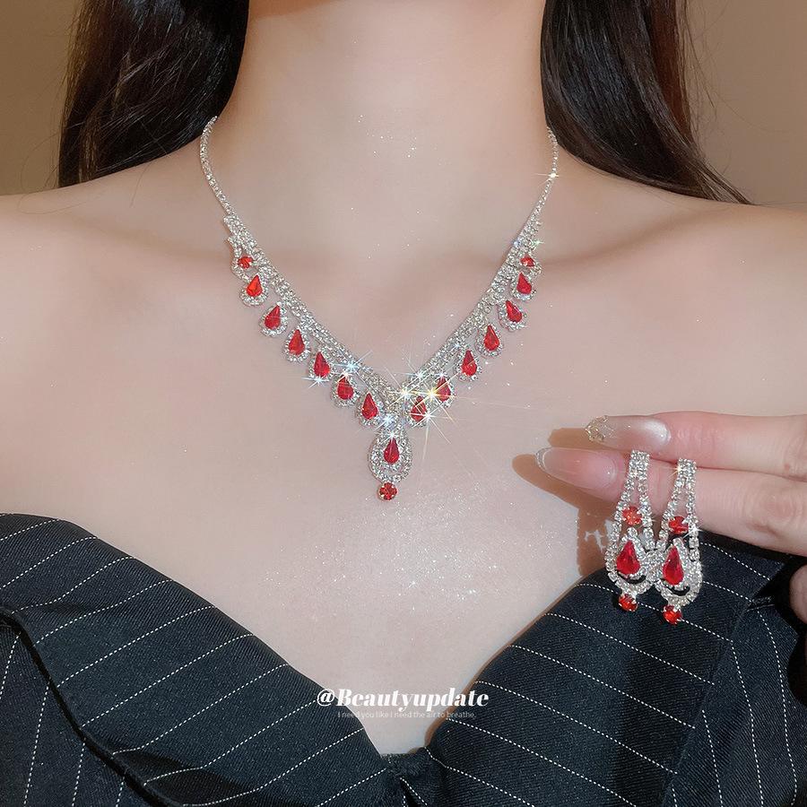 Banquet Luxury Diamond-Studded Water Drop Tassel Earrings & Clavicle Necklace for French Chic Women