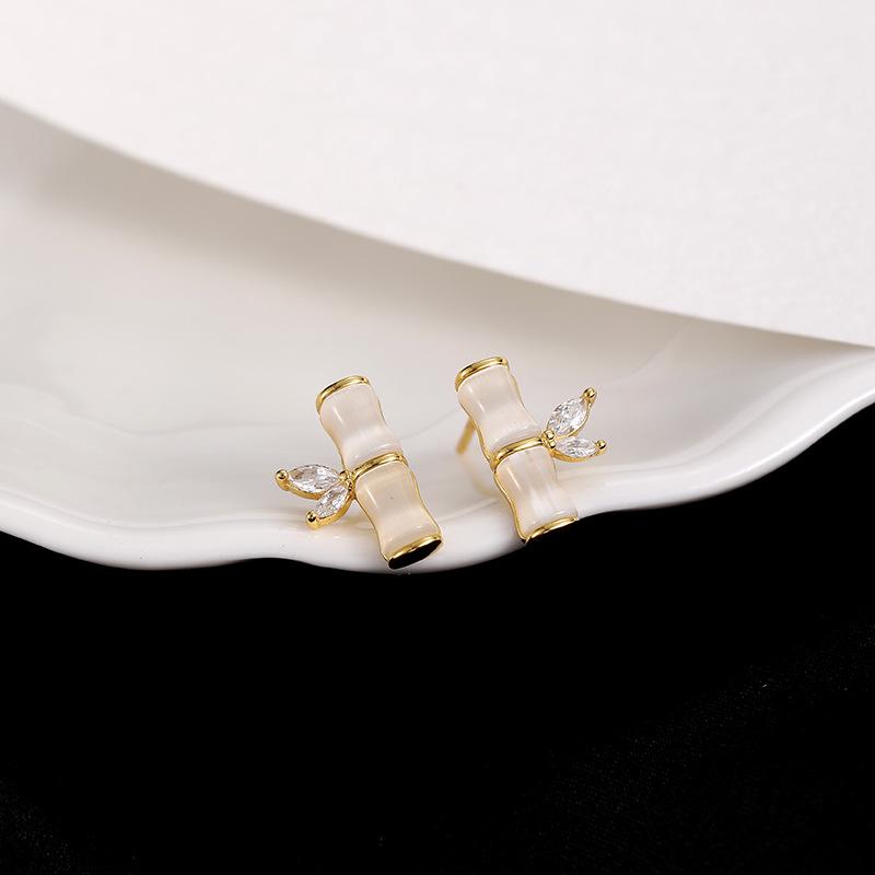 Banyan Tree S925 Silver Bamboo & Cat's Eye Stone Earrings for Women - Small Ancient Chinese Palace Style Design