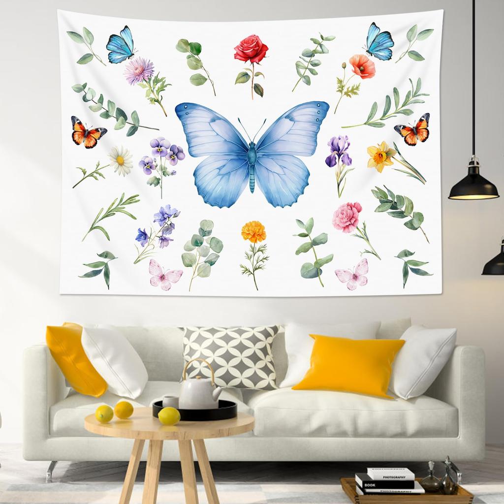Butterfly Plant Tapestry for Bedroom, Girly Floral Blue Wall Tapestry, Leaf and Flower Botanical Tapestries Wall Hanging for