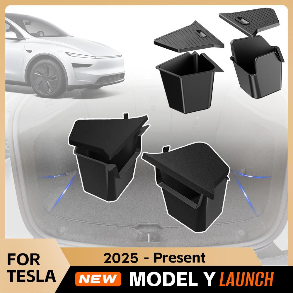 For Tesla Model Y Juniper 2026 Rear Trunk Side Storage Box Cargo Organizer TPE Bin Box Flocking Mat Partition Board Accessories