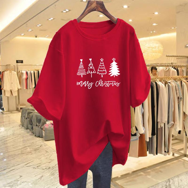 100% pure cotton new round neck medium and long short-sleeved versatile casual large size thin letter printing loose T-shirt women