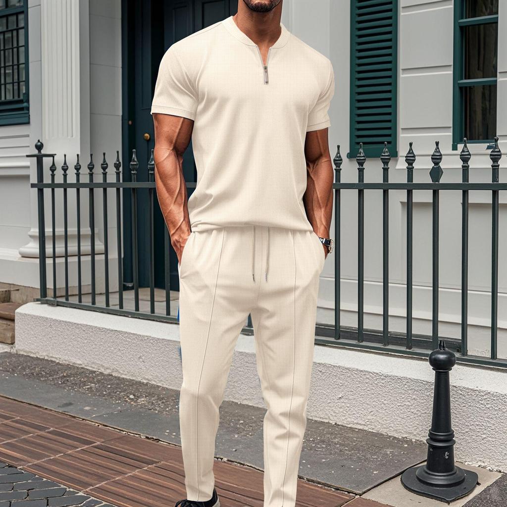 Summer 2025 Men's Waffle Knit Stand Collar Zipper Top and Long Pants Set - European & American Style