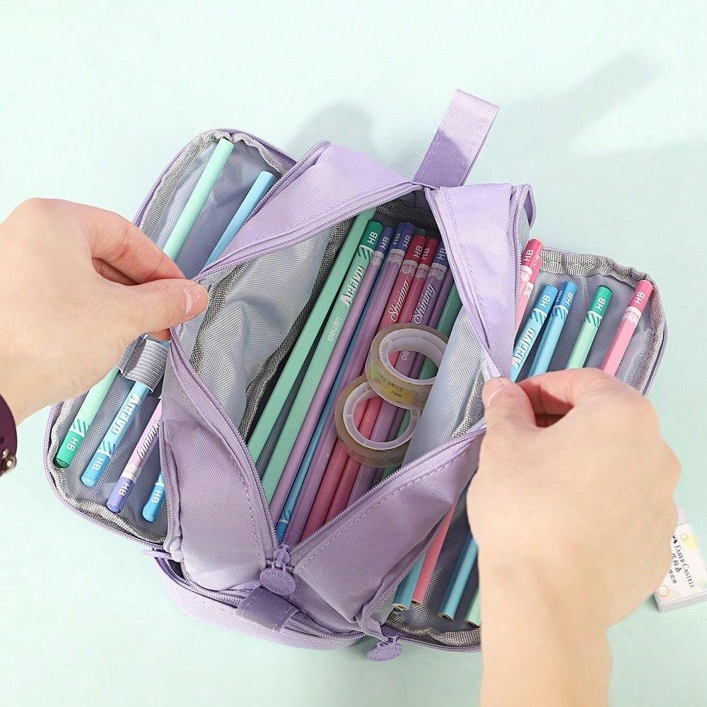 Double-layer Double-window Pencil Bag, Solid Color, Simple Multi-function, Large-capacity Storage Bag, Dirt-resistant Stationery Storage Bag